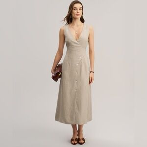 NEW RIHOAS Sz XS Khaki Striped V-Neck Sleeveless Maxi Dress